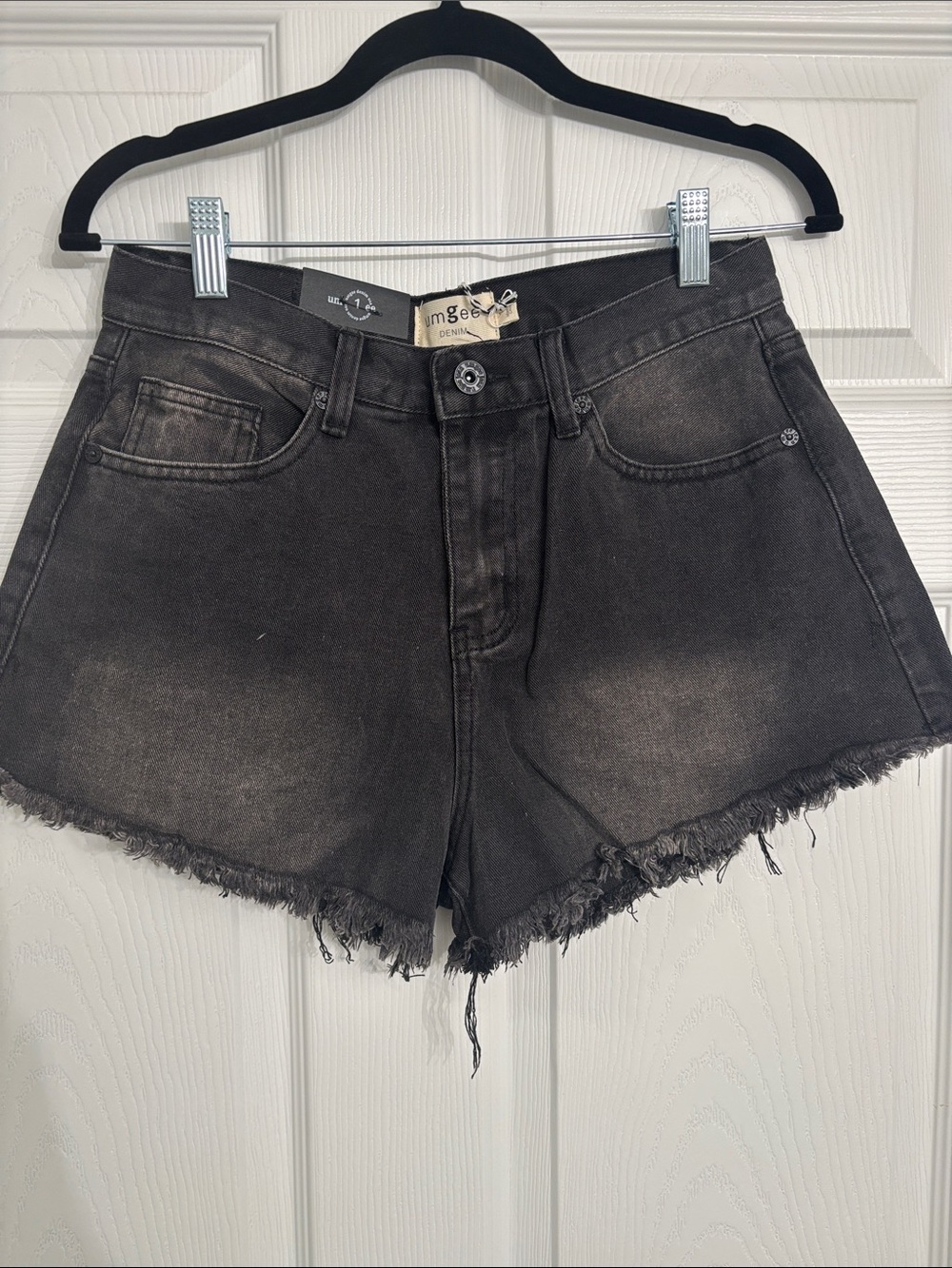 Umgee Washed Black High-Rise Frayed Hem Denim Shorts